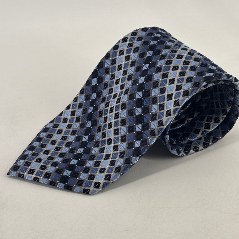 Roberto Villini Tie Mens OS Blue Geometric Diamond 100% Silk Handmade Couture